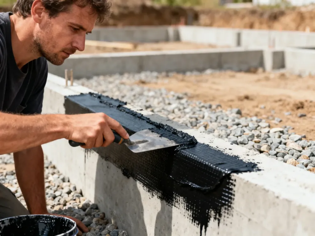 Pracownik budowlany nakłada pacą czarną masę hydroizolacyjną na betonową ścianę fundamentową.