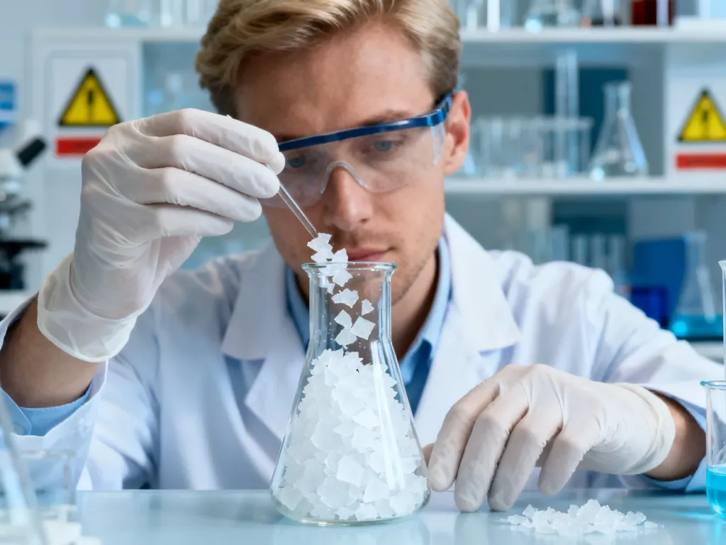 Chemik w rękawicach ochronnych ostrożnie przesypuje białe kryształki sody kaustycznej do szklanej zlewki w laboratorium.