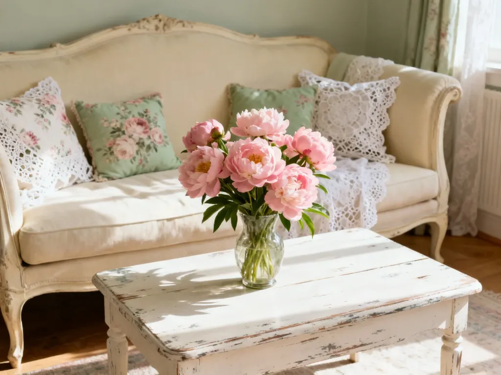 Przytulny salon w stylu shabby chic z postarzanym stolikiem, bukietem piwonii oraz jasną sofą z ozdobnymi poduszkami.