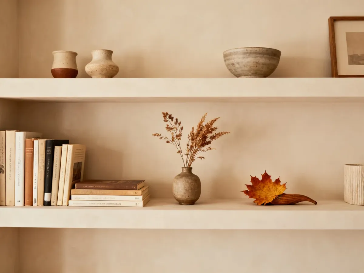 Jesiennie udekorowana półka z książkami, ceramiką i suszonymi roślinami