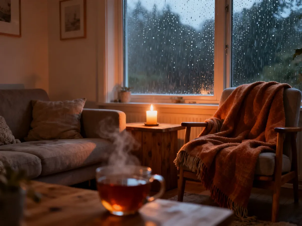 Przytulny salon z kocem, świecą i herbatą podczas deszczowego wieczoru