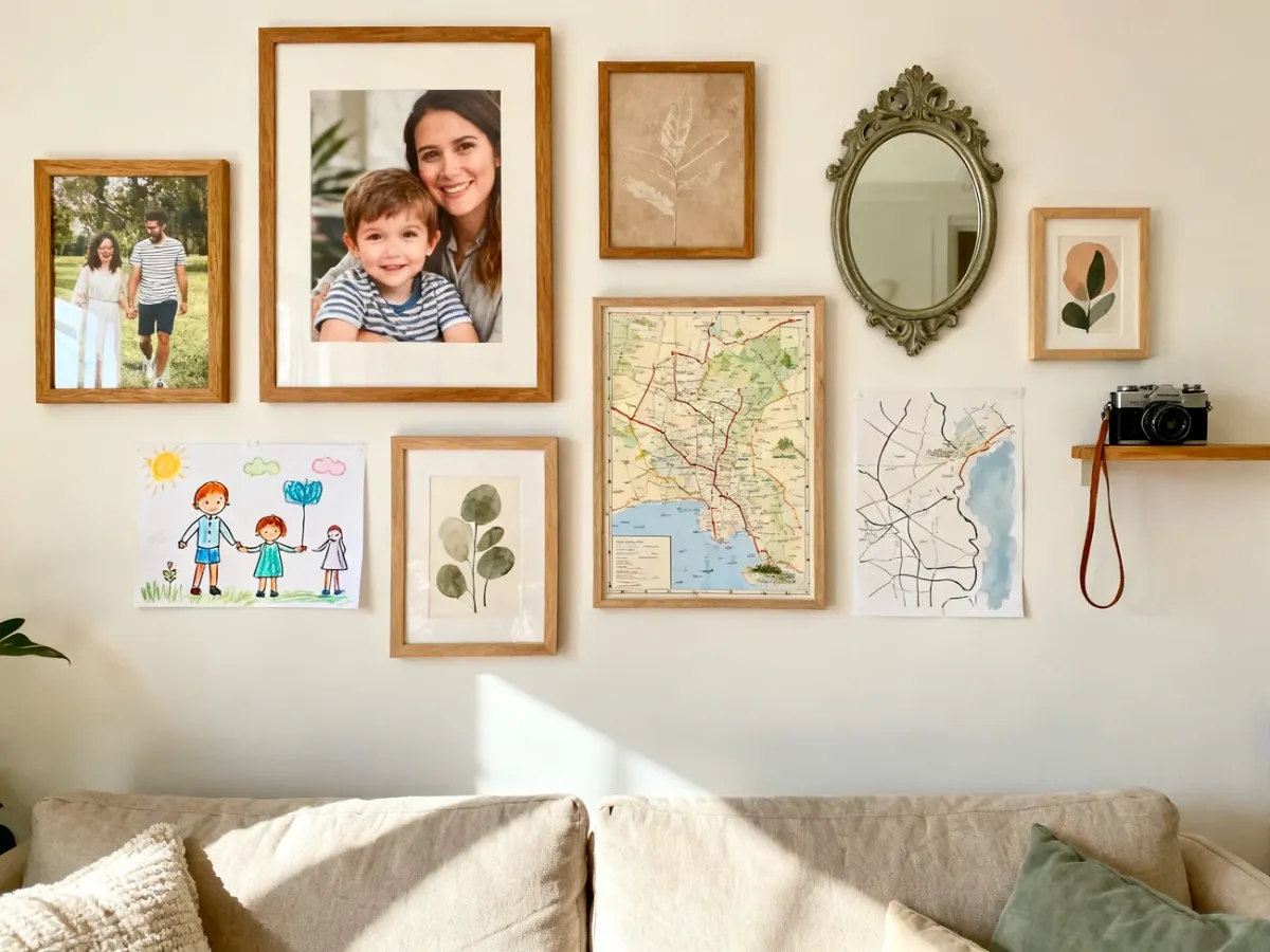 Eklektyczna galeria ścienna z fotografiami, grafikami, mapą i pamiątkami