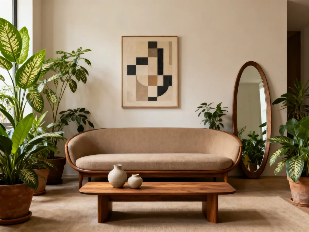 Umiarkowanie udekorowane wnętrze z geometryczną grafiką, ceramiką, lustrem i roślinami