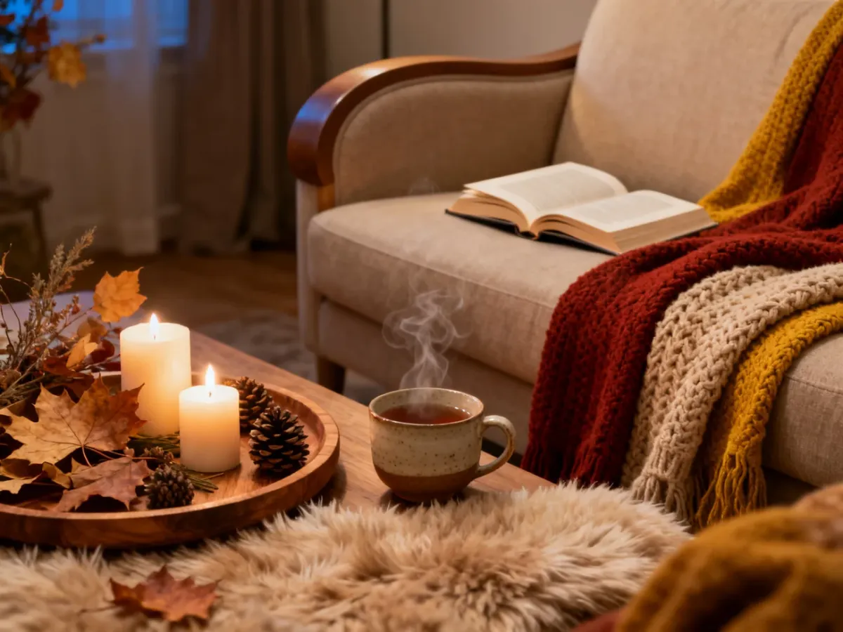 Przytulny jesienny salon z kocem, świecami, herbatą i książką