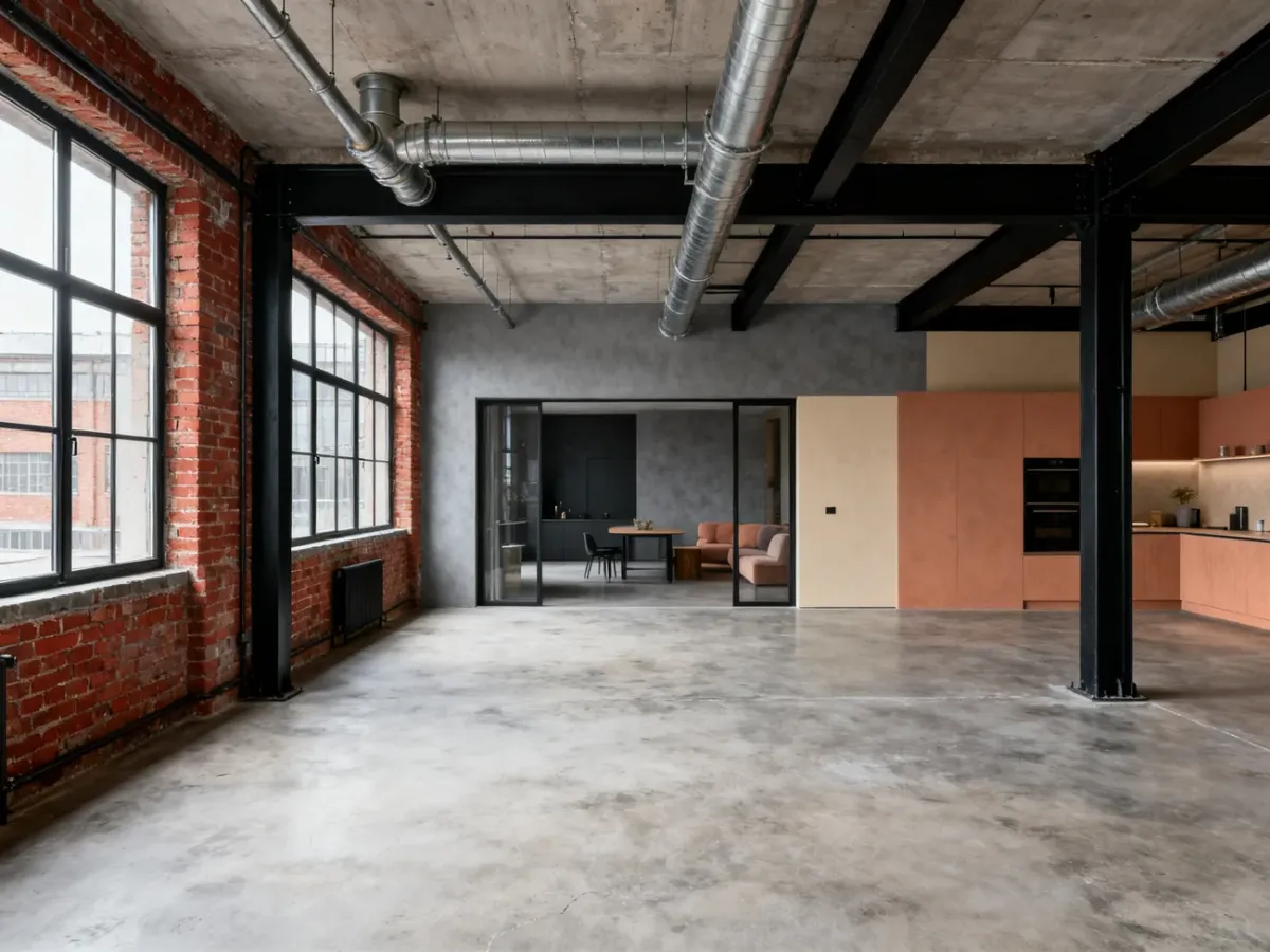 Salon w stylu industrialnym z ceglaną ścianą, betonem i stalowymi elementami