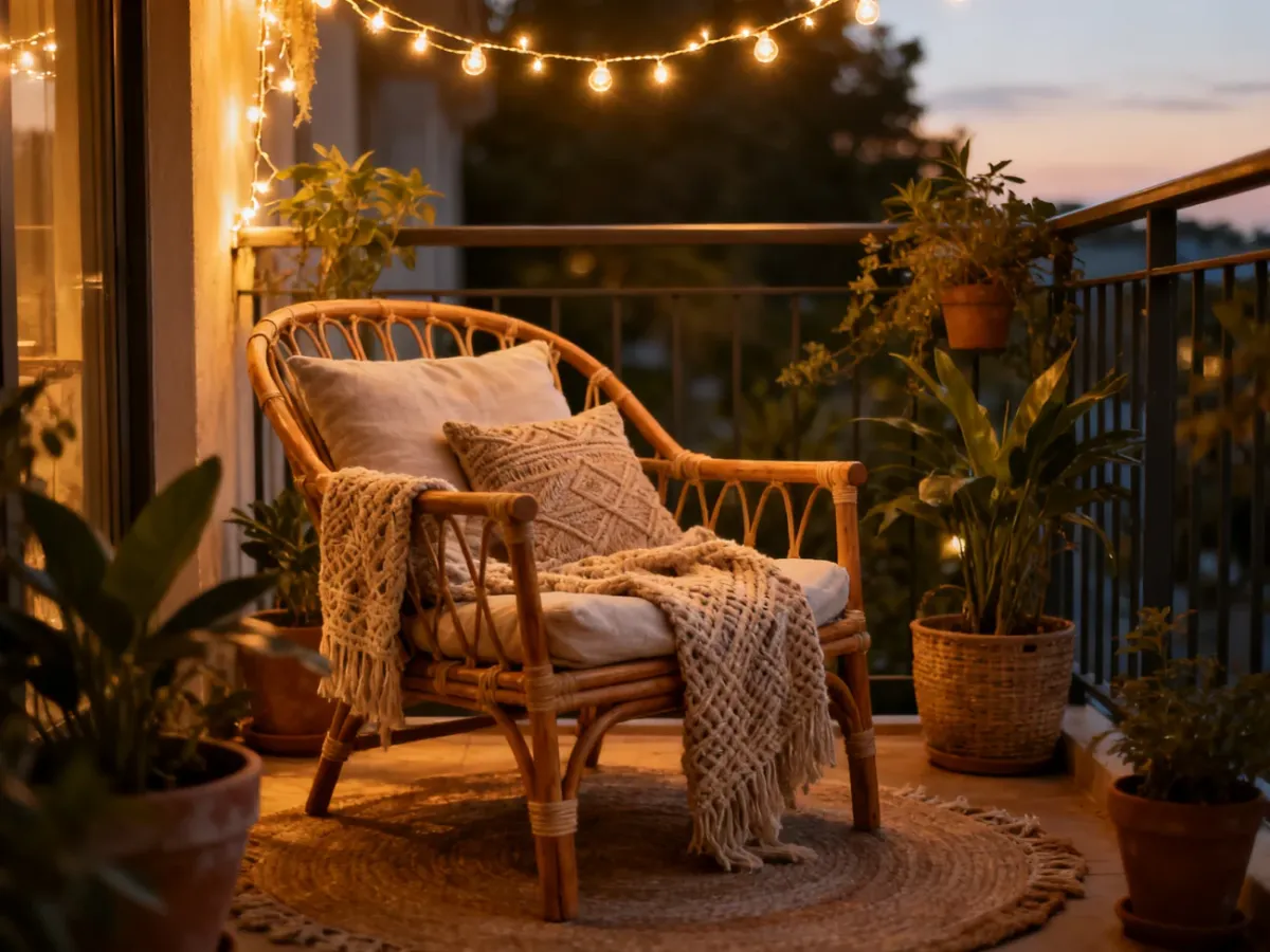 Balkon w stylu boho z rattanowym siedziskiem, roślinami i delikatnym oświetleniem