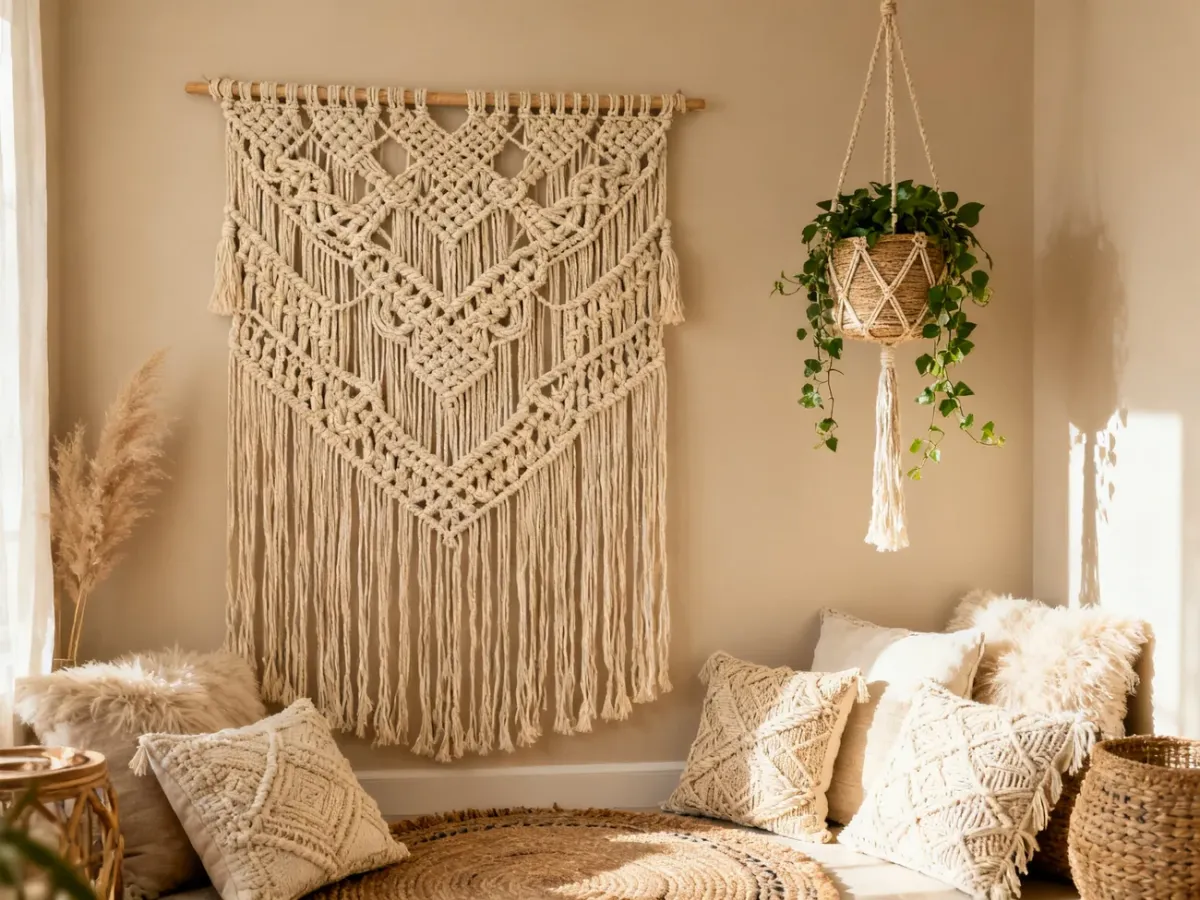 Makramowe dekoracje w przytulnym wnętrzu w stylu boho
