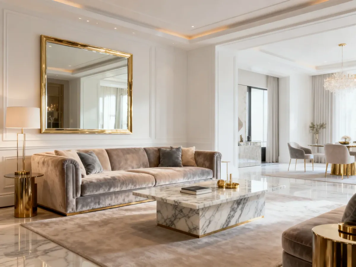 Elegancki salon w stylu modern glamour z welurową sofą i marmurowym stolikiem