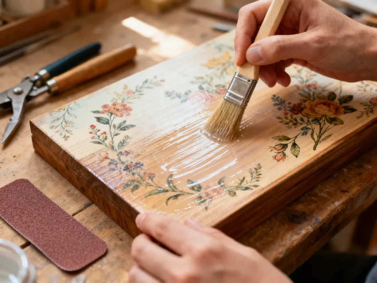 Nakładanie lakieru na ozdobioną techniką decoupage drewnianą powierzchnię