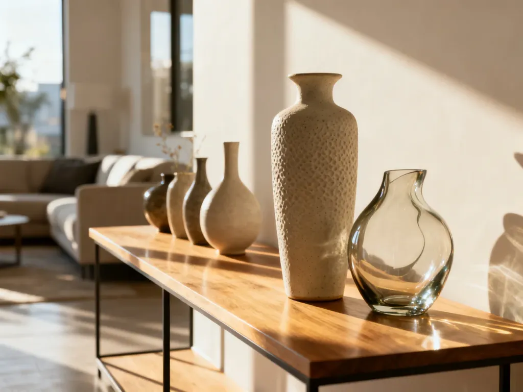 Kolekcja eleganckich wazonów ceramicznych i szklanych ustawiona na drewnianej konsoli w słonecznym salonie.