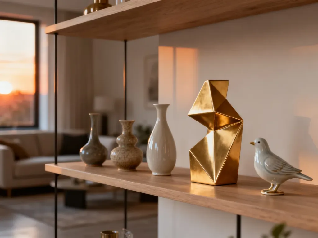 Eleganckie ceramiczne figurki, w tym abstrakcyjna bryła i porcelanowy ptak, ustawione na minimalistycznej drewnianej półce.