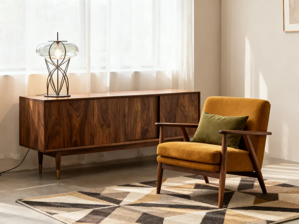 Aranżacja mid-century modern z orzechowym drewnem, musztardowym fotelem i geometrycznym dywanem