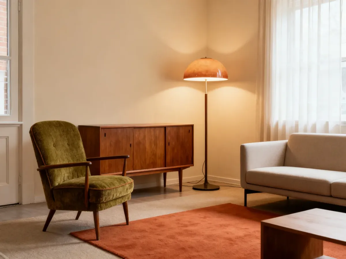 Salon łączący meble vintage z nowoczesnym wyposażeniem