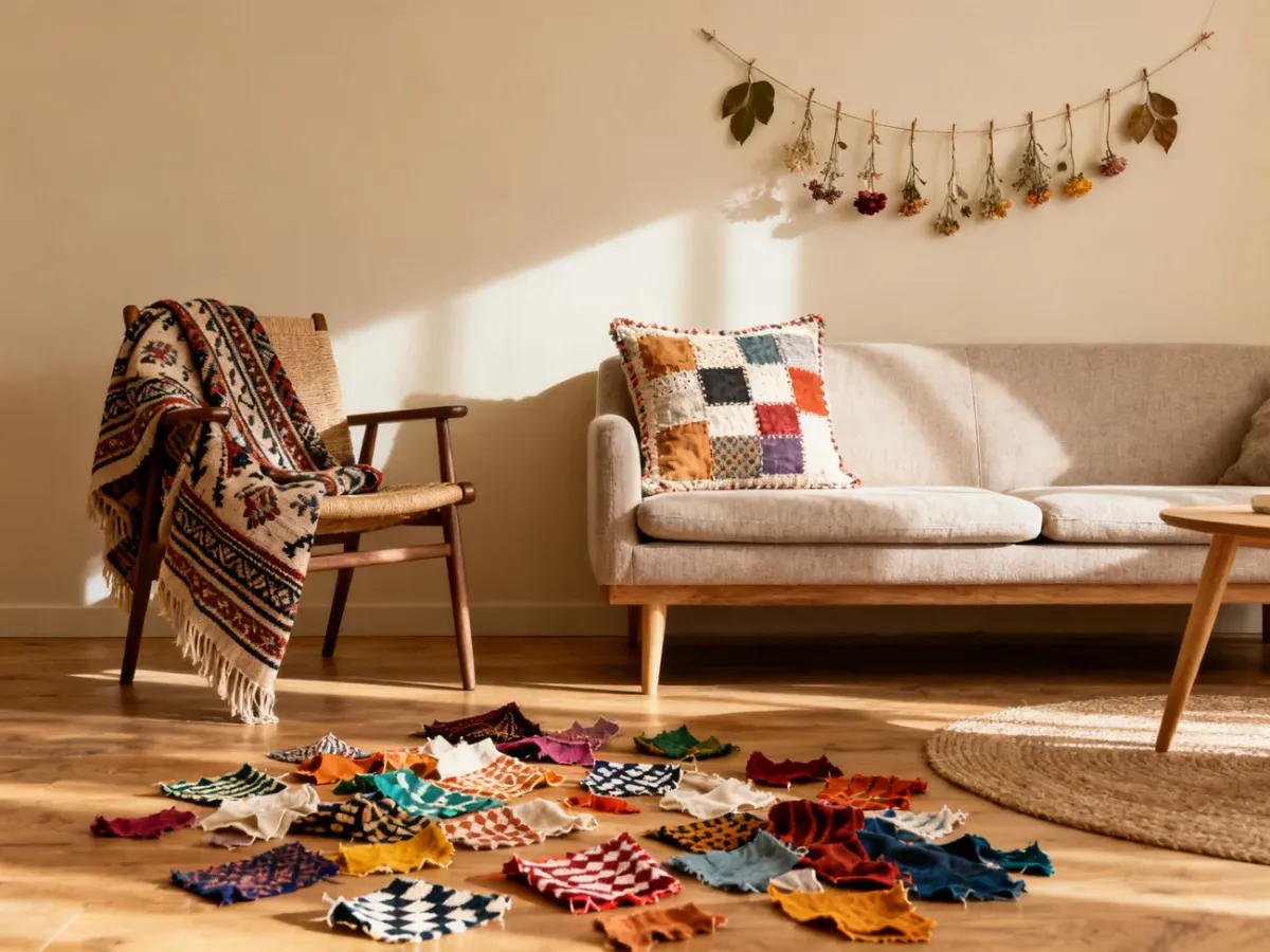 Upcycled fabrics used for cushions and decorative garlands