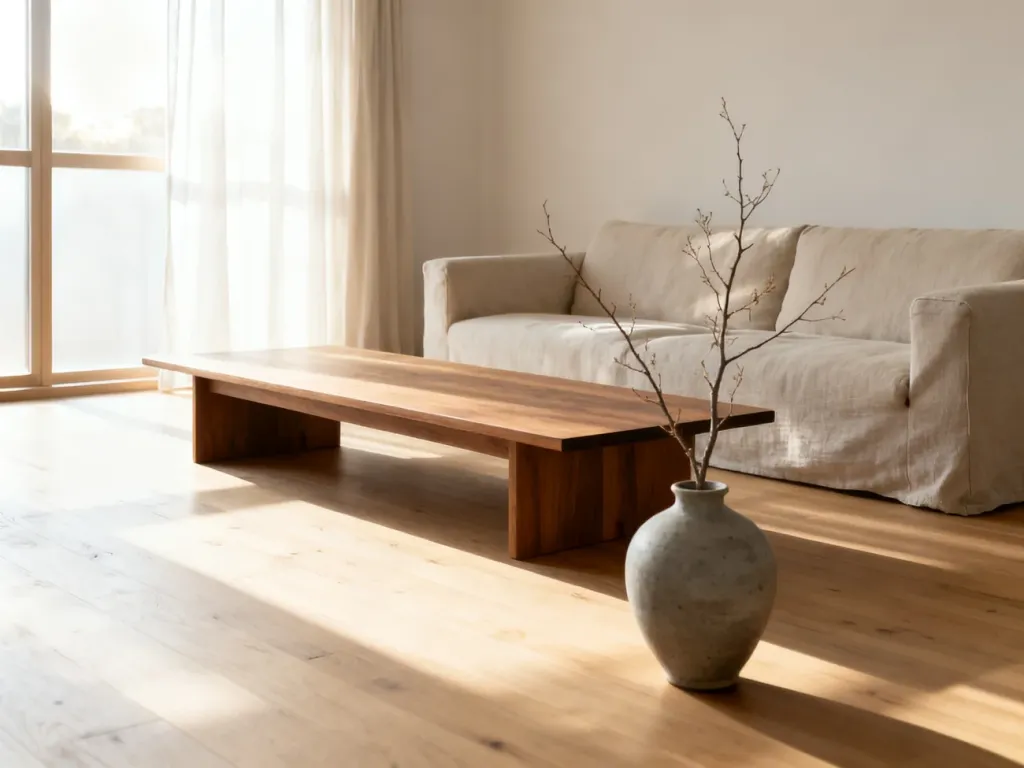 Minimalistyczny salon w stylu japandi z beżową sofą, drewnianym stolikiem i ceramicznym wazonem w ciepłym, jasnym świetle.