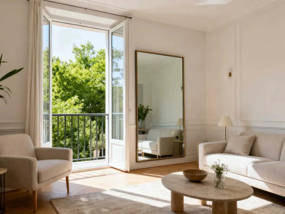 Lustro w salonie odbijające balkon, zieleń i światło dzienne