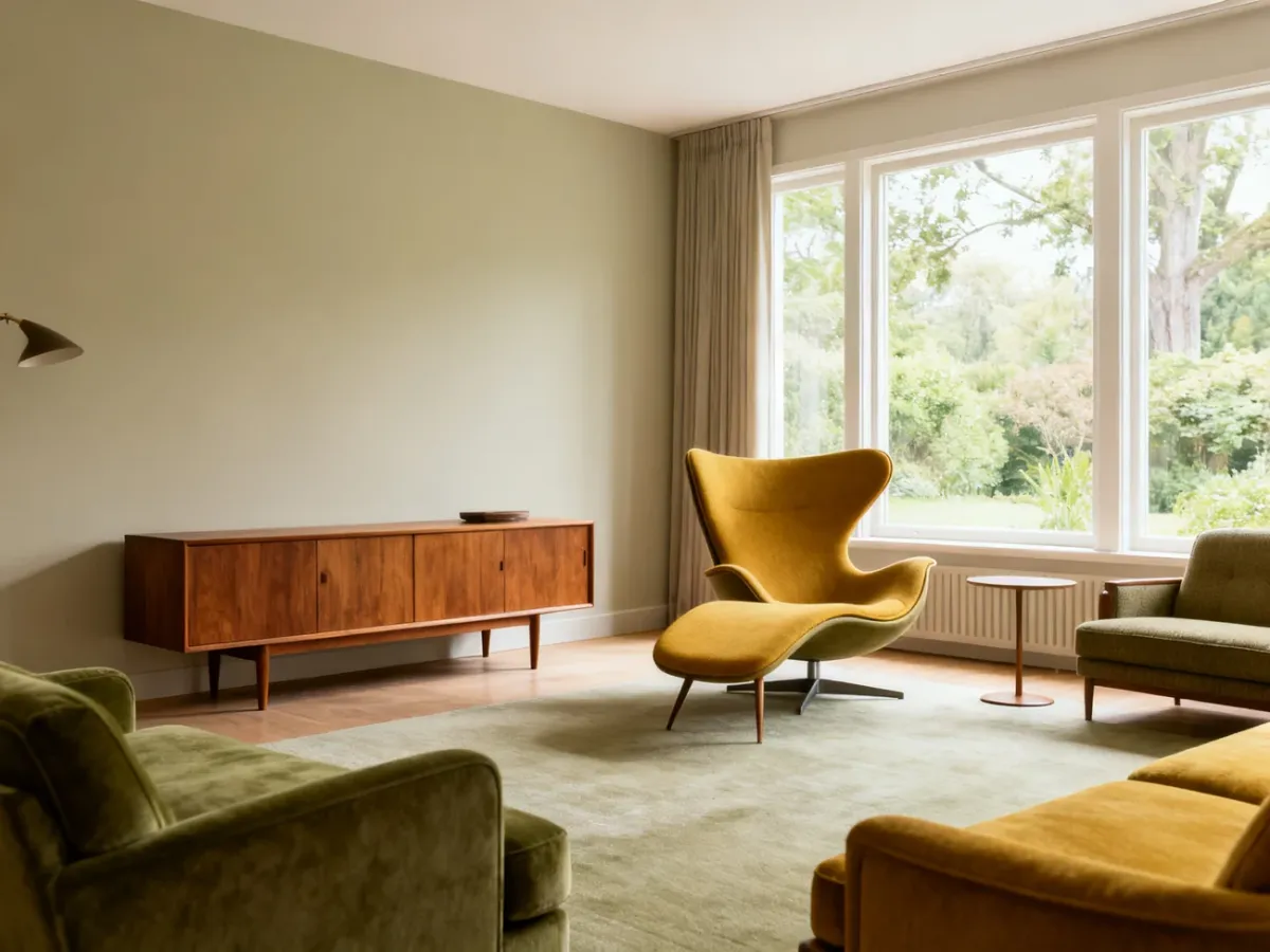 Jasny salon w stylu mid-century modern z drewnianymi meblami i oliwkowymi akcentami