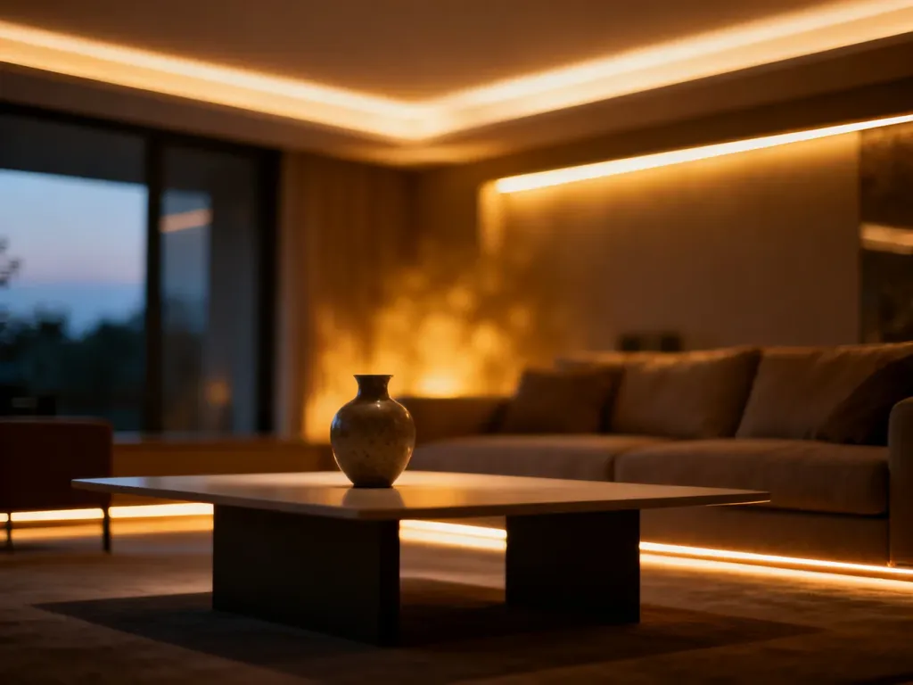 Nowoczesny salon wieczorem z subtelnym oświetleniem LED, tworzącym przytulną i ciepłą atmosferę we wnętrzu.