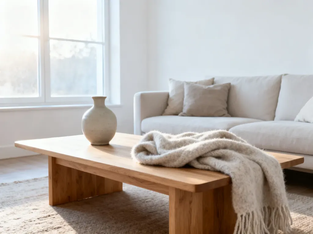 Jasny, minimalistyczny salon w stylu skandynawskim z drewnianym stolikiem, przytulną sofą i naturalnym światłem.