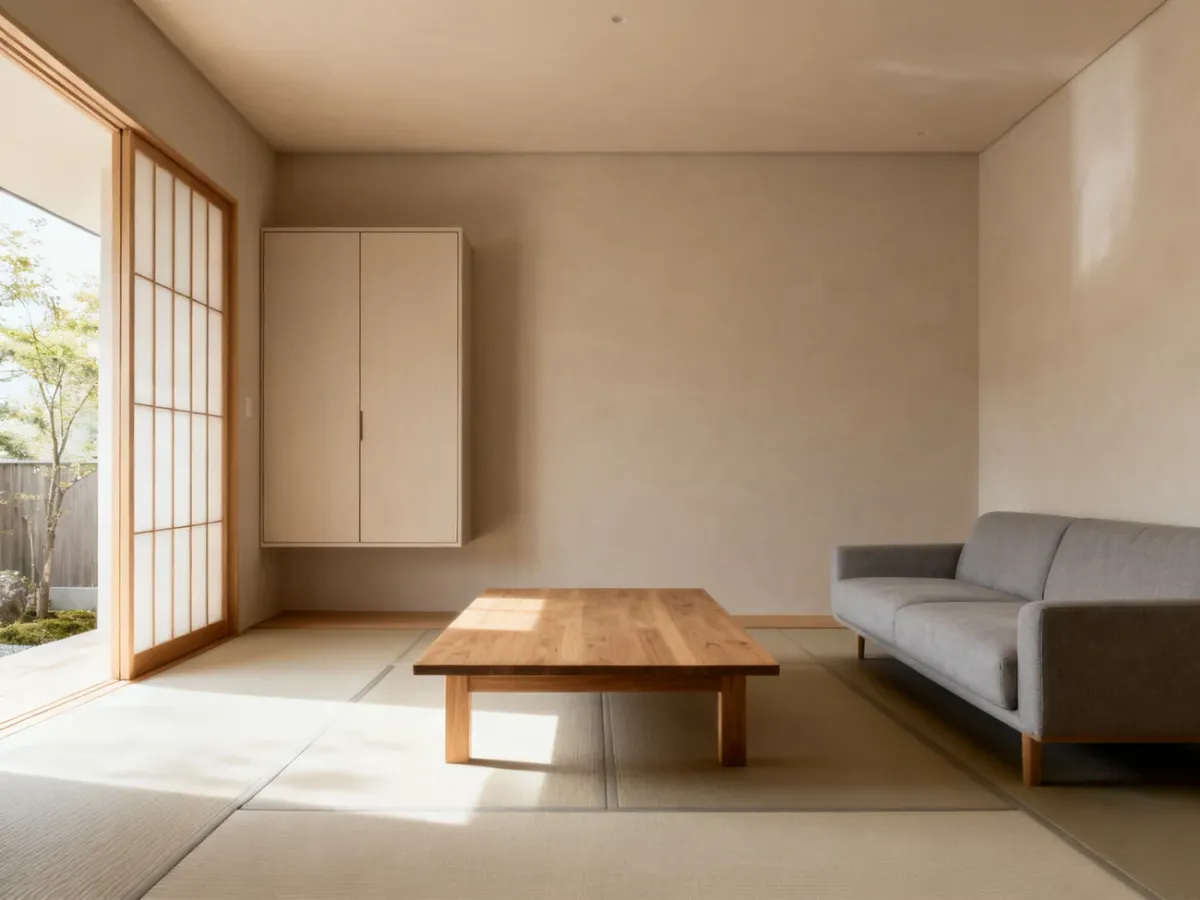 Minimalistyczny salon Zen z niskimi meblami i dużą ilością wolnej przestrzeni.