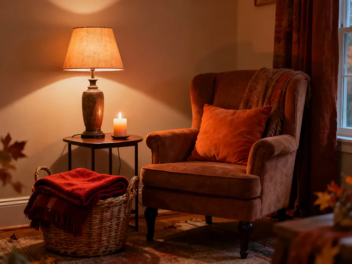 Kącik relaksu z fotelem, kocem, koszem i lampą