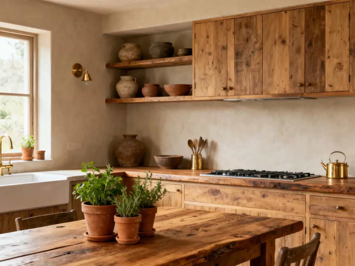 Rustykalna kuchnia z drewnianą zabudową, ceramiką i ziołami