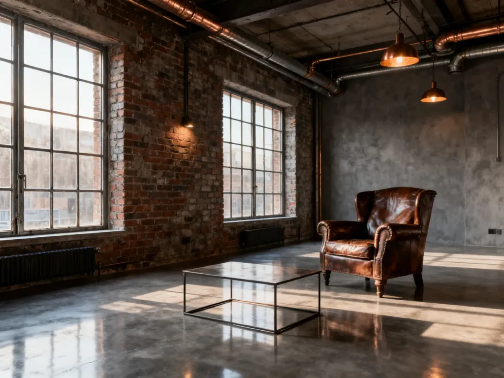 Przestronny loft z ceglaną ścianą, betonową podłogą i industrialnymi dodatkami, oddający klimat stylu loftowego.