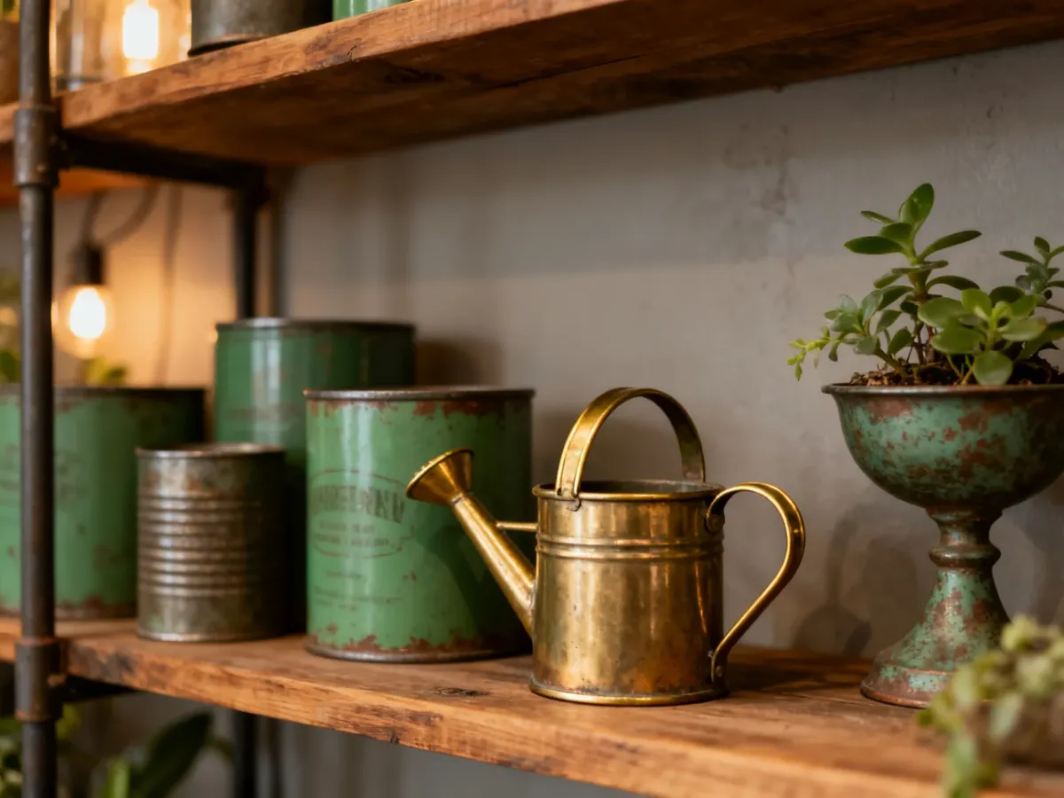 Upcycled metal containers and brass details in a vintage interior