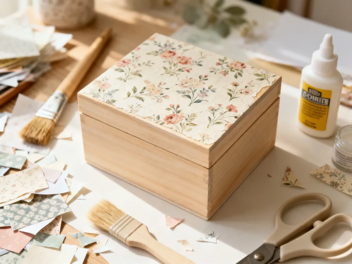 Gotowe drewniane pudełko ozdobione techniką decoupage