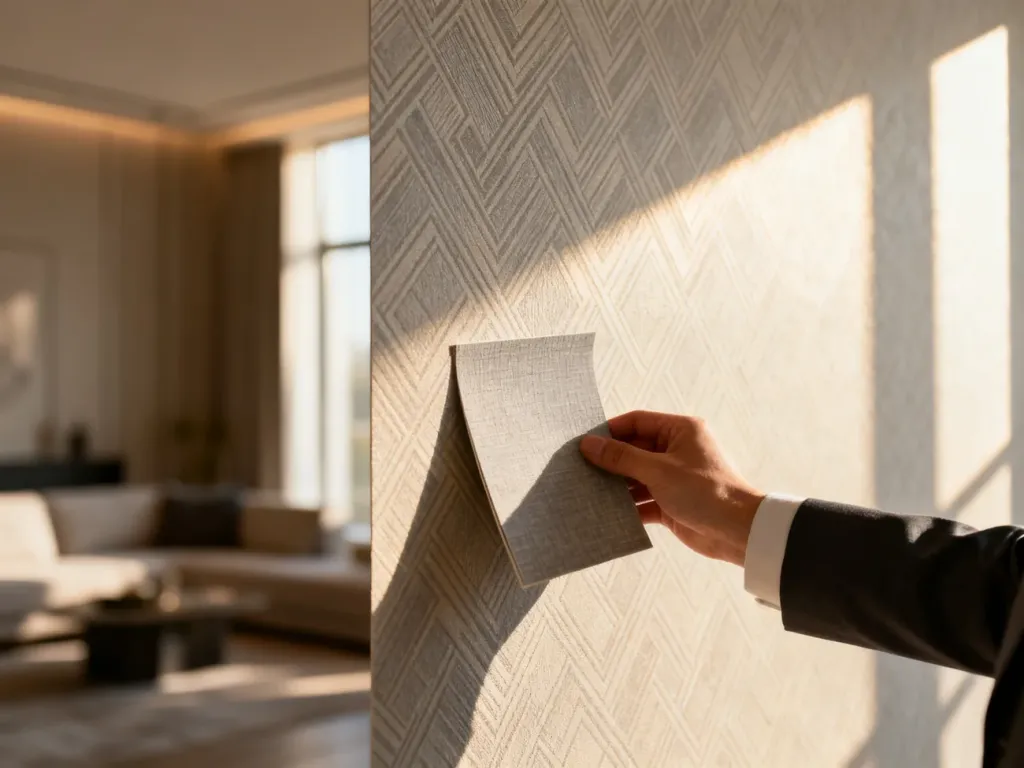 Dłoń projektanta prezentująca próbkę eleganckiej tapety winylowej o geometrycznej fakturze w nowoczesnym salonie.
