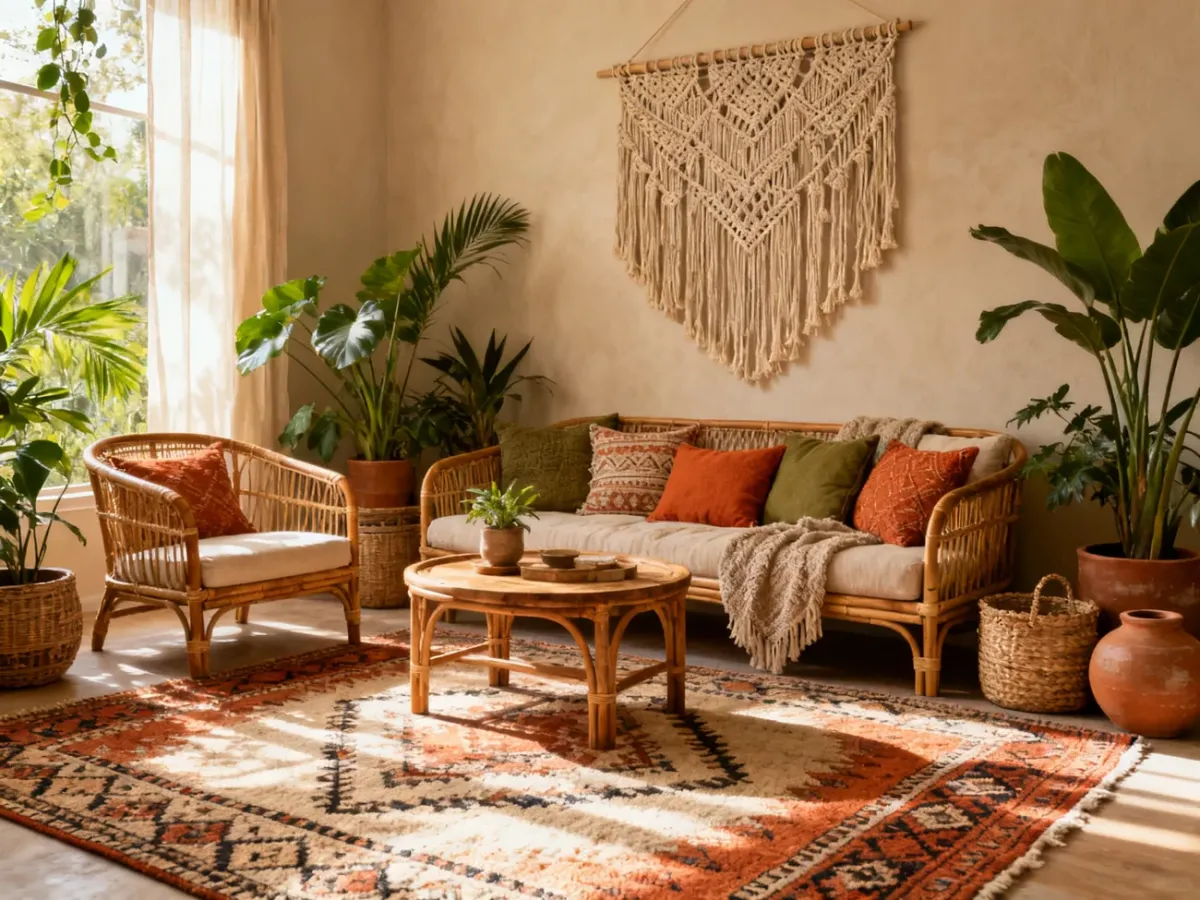 Przytulny salon boho z rattanowymi meblami, roślinami, makramą i warstwowymi dywanami