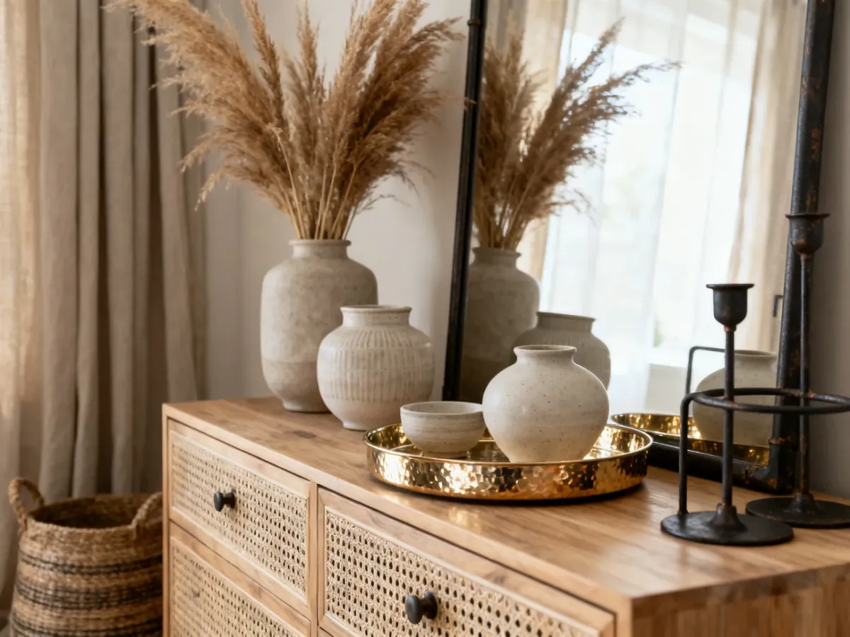 Komoda z dekoracjami inspirowanymi stylami skandynawskim, glamour, boho i industrialnym