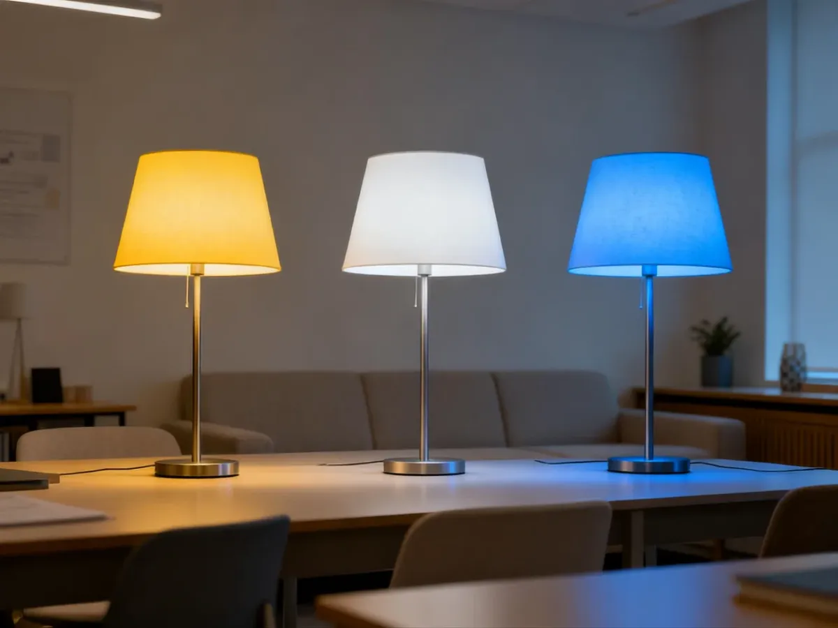 Trzy lampy emitujące ciepłe, neutralne i chłodne światło w nowoczesnym wnętrzu