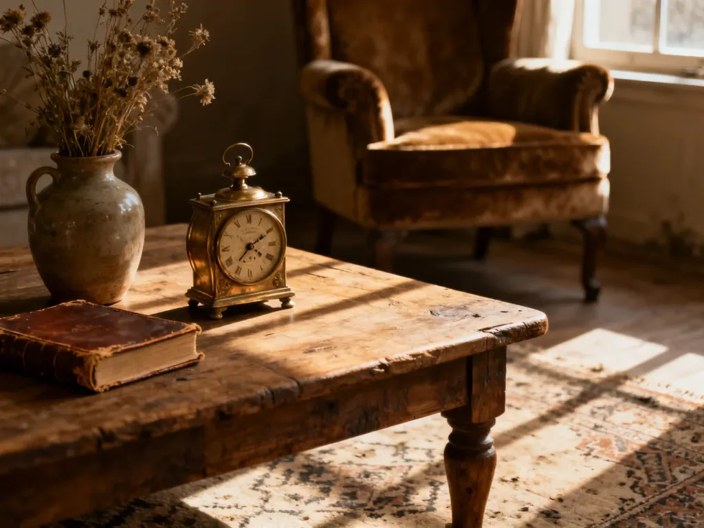 Przytulny salon w stylu vintage z drewnianym stolikiem kawowym, antycznym zegarem i suszonymi kwiatami w ciepłym świetle.