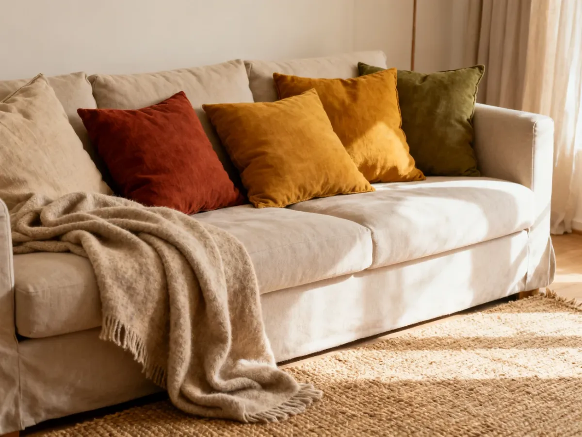 Przytulna sofa z jesiennymi poduszkami, kocem i dywanem z juty