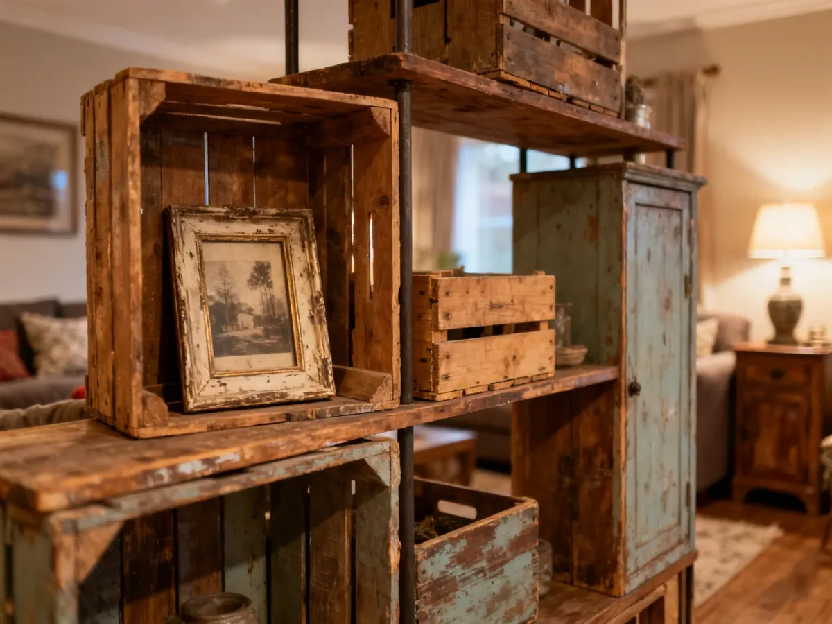 Old wooden crates and frames repurposed as home décor