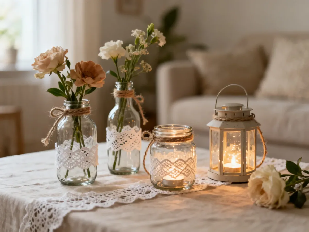Upcycled glass jars and bottles used as vases and lanterns