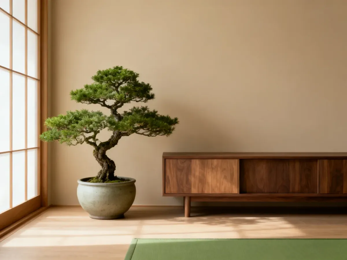 Bonsai w prostej donicy jako spokojny akcent uporządkowanego wnętrza Zen.
