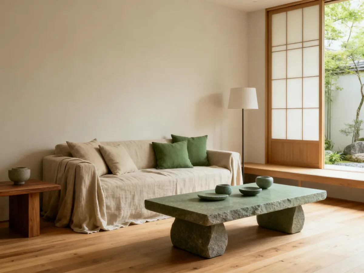 Spokojny salon w stylu Zen z drewnem, lnem i naturalnymi, stonowanymi kolorami.
