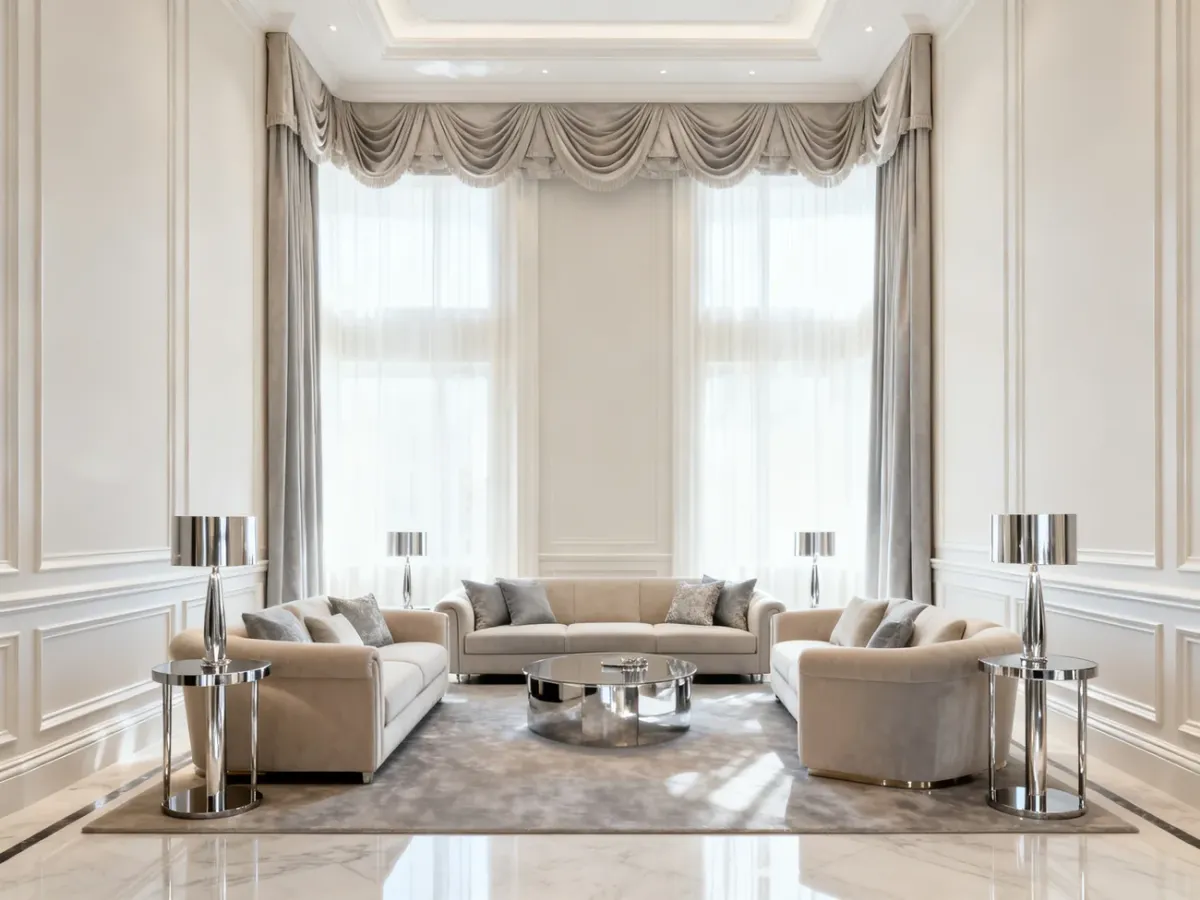 Jasny salon z delikatną sztukaterią i wysokimi listwami w stylu modern glamour