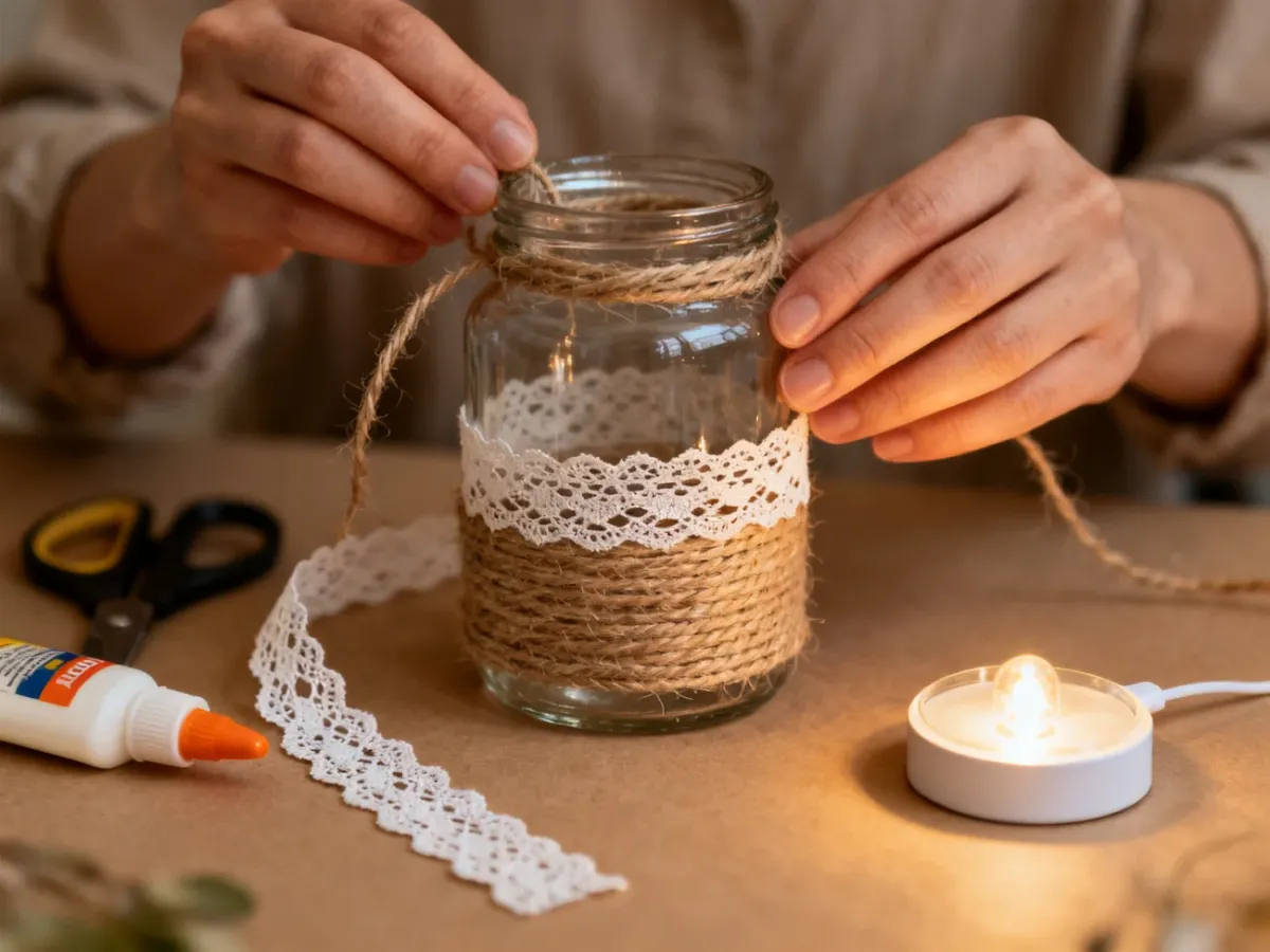 Decorating a glass jar with twine and lace