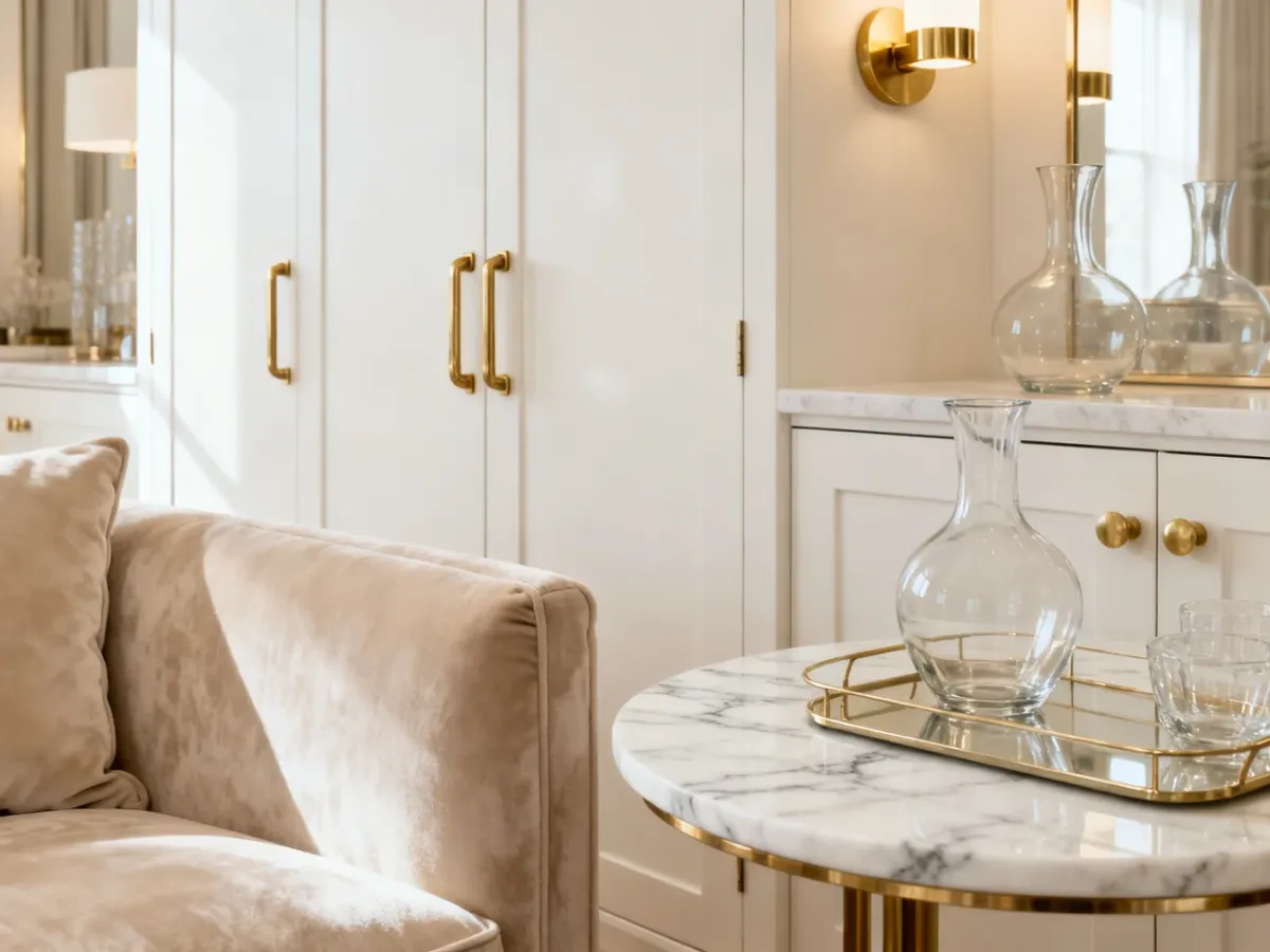 Zestawienie weluru, marmuru, mosiądzu i szkła we wnętrzu modern glamour