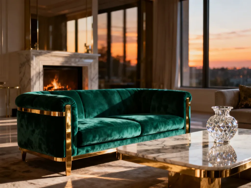 Luksusowy salon w stylu modern glamour ze szmaragdową sofą, złotymi akcentami i marmurowym stolikiem.