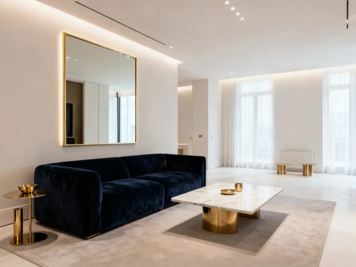 Salon modern glamour z granatową welurową sofą i złotymi detalami