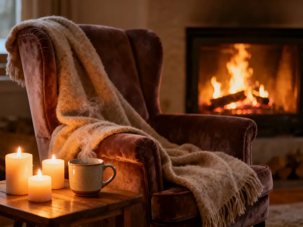 Przytulny salon z miękkim kocem, parującą herbatą i świecami, tworzący atmosferę hygge przy kominku.