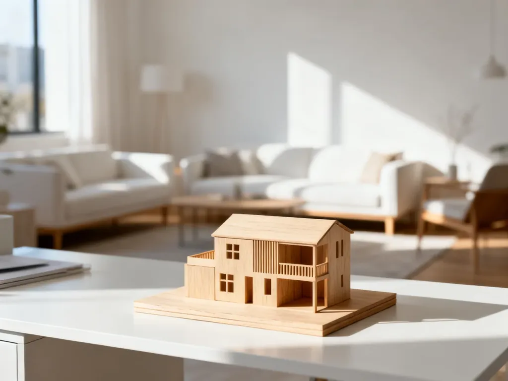 Minimalistyczny model architektoniczny na biurku, ilustrujący zastosowanie złotej proporcji w nowoczesnym wnętrzu.