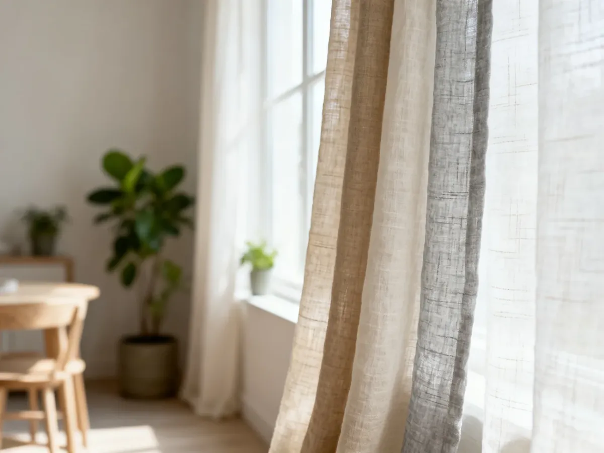 Natural linen and cotton curtain fabrics in a bright Scandinavian interior