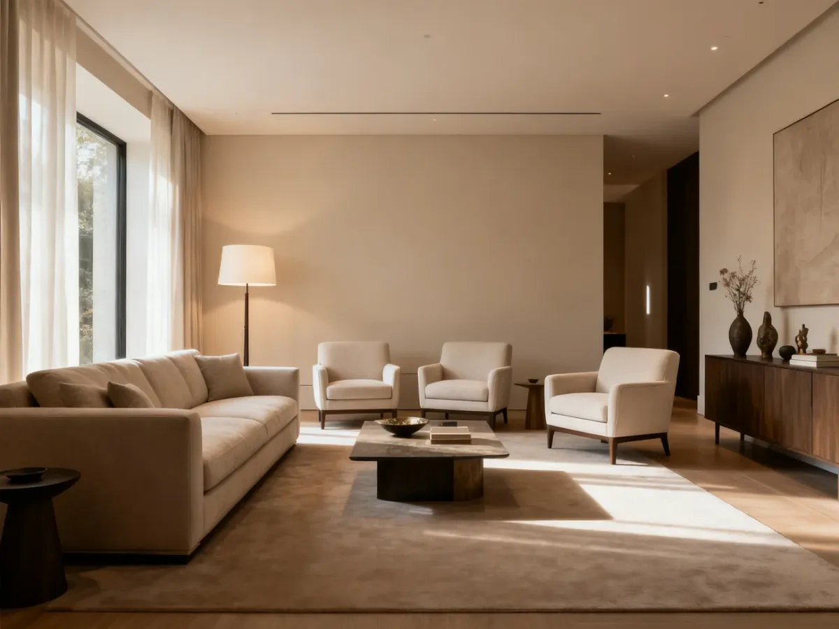 Salon z dużą sofą zrównoważoną fotelami i lampą