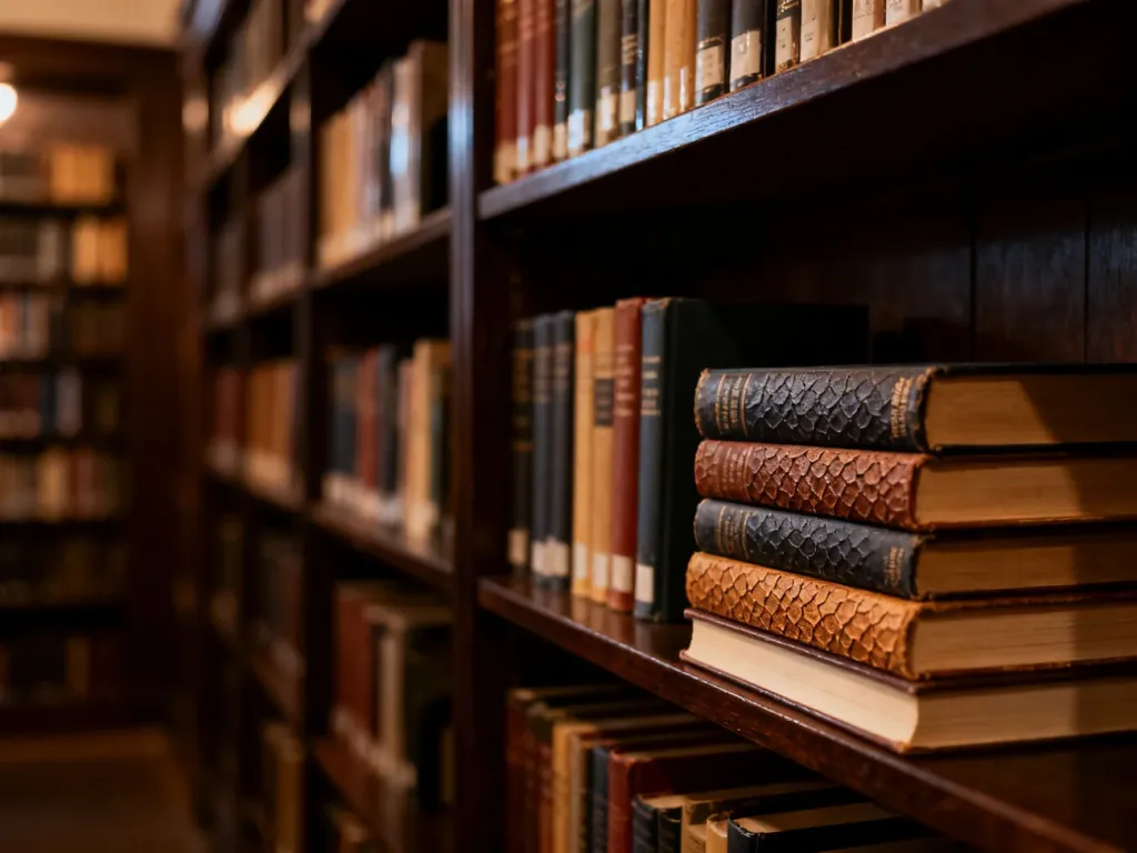 Kolekcja książek w twardych i miękkich oprawach ułożonych na drewnianej półce w przytulnej bibliotece.