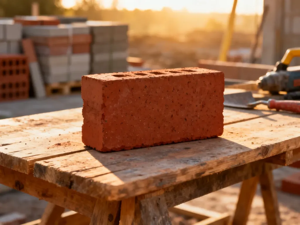 Pojedyncza czerwona cegła ceramiczna na drewnianym stole budowlanym w świetle poranka.